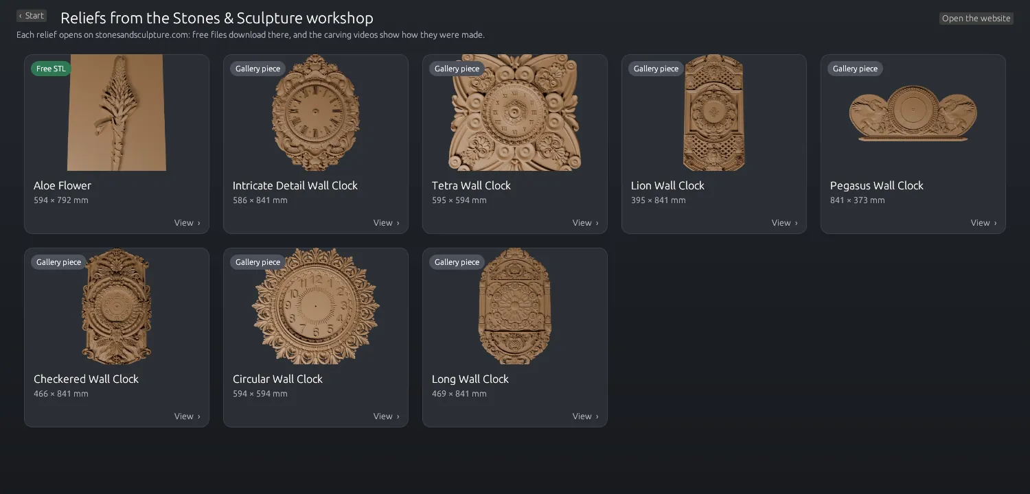 Browse reliefs: the Aloe Flower and the wall clocks from the gallery, each with its size