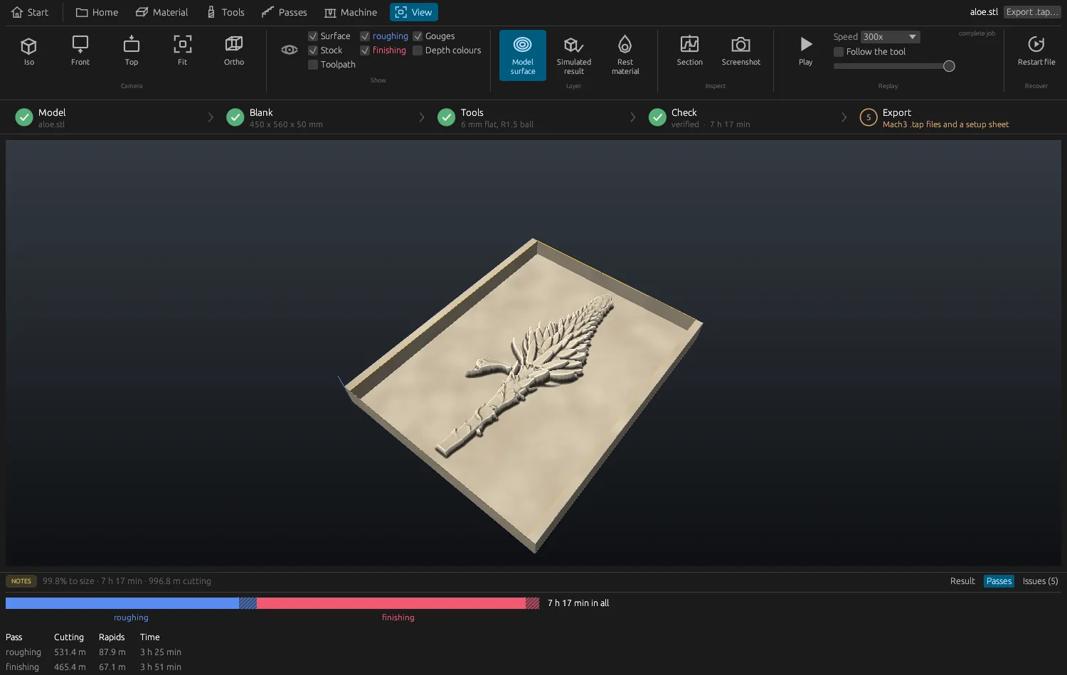 The View ribbon with gouge, simulated result and replay controls, over the report's time chart: roughing 3 h 25 min and finishing 3 h 51 min, 7 h 17 min in all