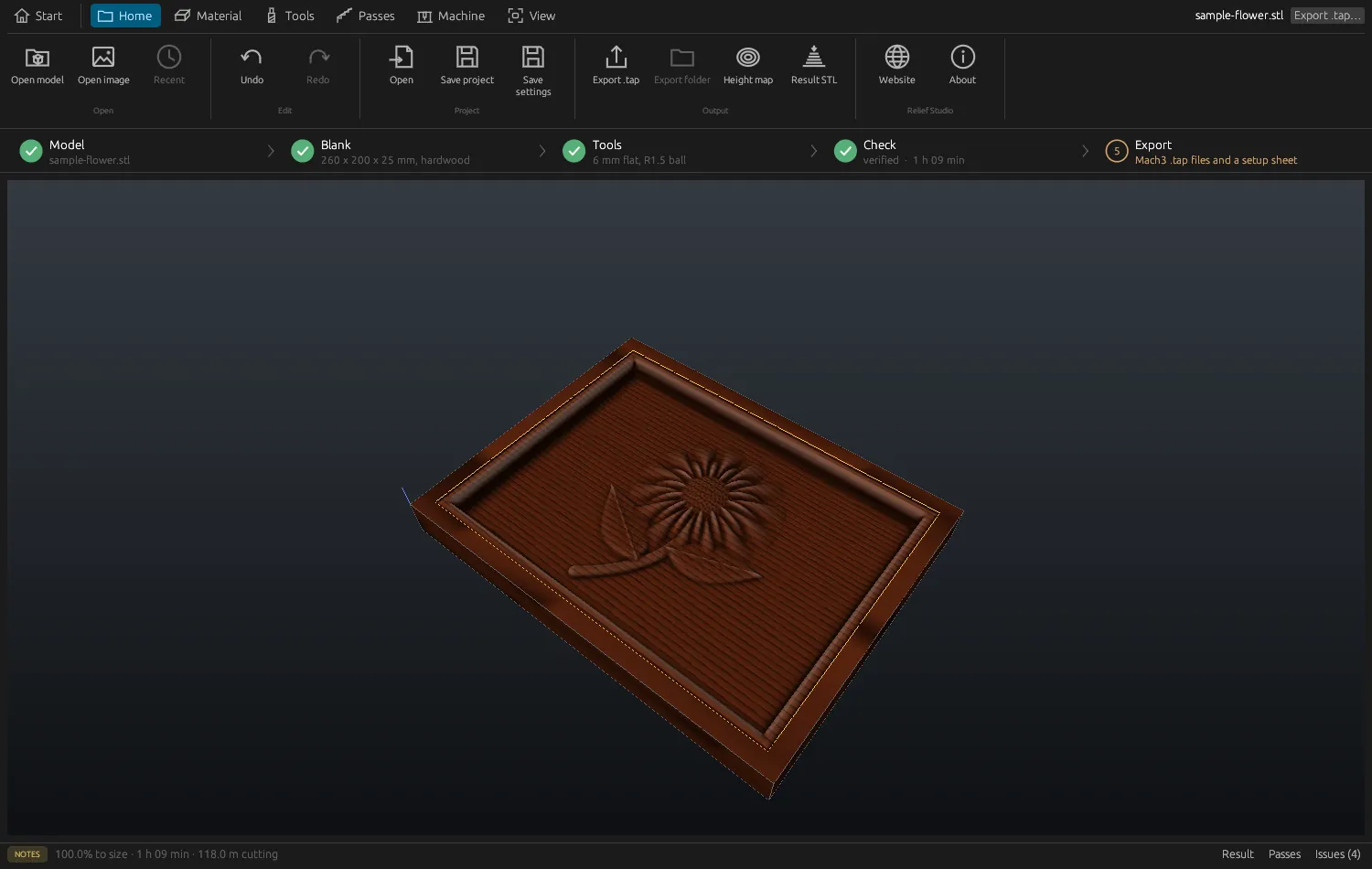 The first-run sample: a sunflower plaque in hardwood, 260 by 200 by 25 mm, verified at 1 hour 9 minutes