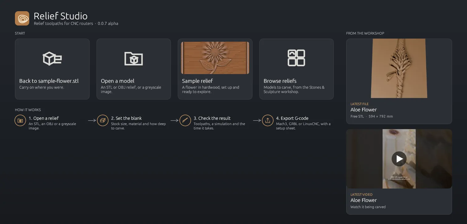 The start screen: open a model, sample relief, browse reliefs, how it works, and the latest file and video from the workshop