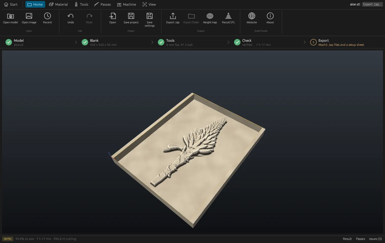 Relief Studio with the Aloe Flower relief shown as carved limestone in its block, every step on the step bar ticked
