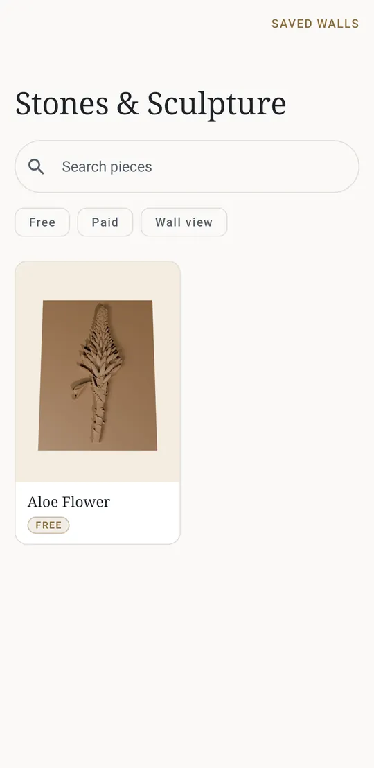 The library: search pieces, filter chips for free, paid and wall view, and the Aloe Flower card