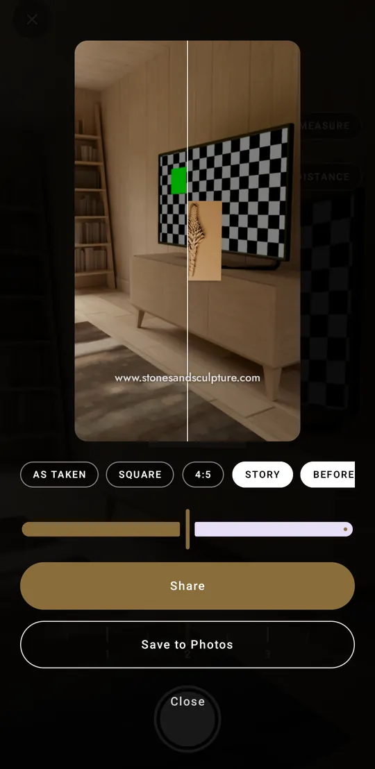 The capture preview: a 9:16 story split into before and after at a white divider, with the share shapes and Share and Save to Photos